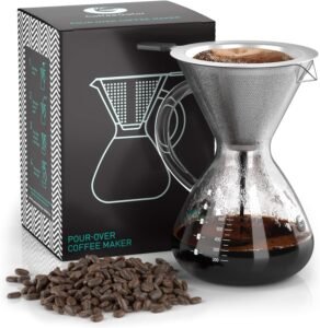 Coffee Gator Pour Over Coffee Maker - 27 oz Paperless, Portable, Drip Coffee Brewer Pour Over Set w/Glass Carafe & Stainless-Steel Mesh Filter, 800ml Clear