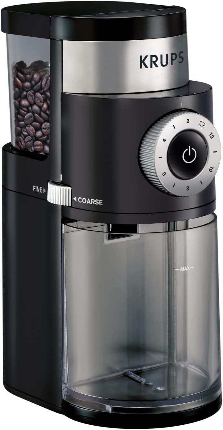 Krups Coffee Grinder, Precise Stainless Steel 8oz, 32 Cups Bean Hopper 12 Grind Settings - Fine to Coarse - 110 Watts Removable Container, Drip, Press, Espresso, Cold Brew, 2 -12 Cups Coffee Grinder