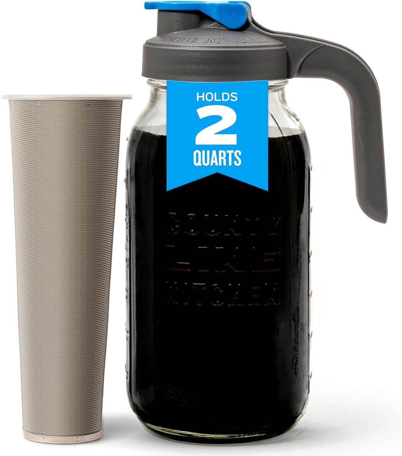 County Line Kitchen Cold Brew Coffee Maker, Mason Jar Pitcher - Heavy Duty Soda Lime Glass w/Stainless Steel Mesh Filter & Flip Cap Lid - Iced Tea & Coffee - 2 Qt (64 Oz), Gray/Blue Handle