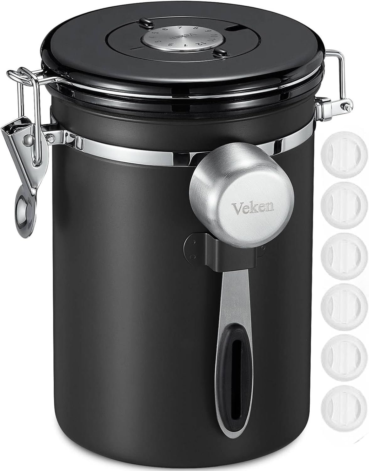 Veken Tea&Coffee Canister, Airtight Stainless Steel Kitchen Food Storage Container with Date Tracker and Scoop for Grounds Coffee, Beans, Flour, Cereal, Sugar, 22OZ, Black