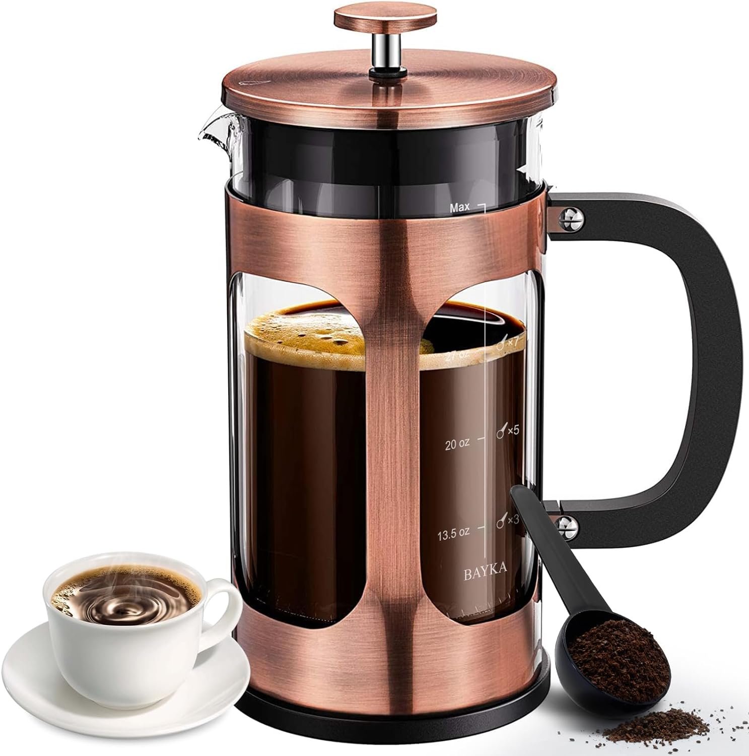 BAYKA 34 Ounce 1 Liter French Press Coffee Maker, Heat Resistant Thickened Borosilicate Glass Stainless Steel Coffee Press, Cold Brew Coffee Pot Tea Press for Kitchen Travel Camping, Copper