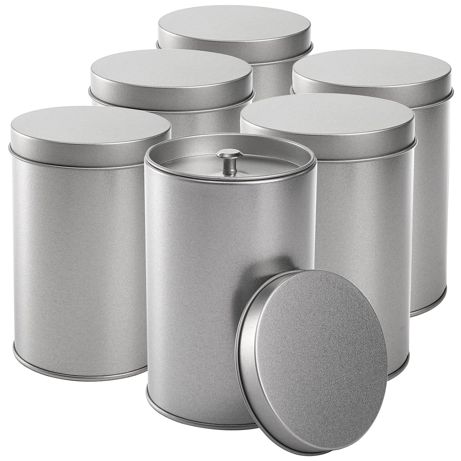 Yesland 6 Pack Tea Tin Canister with Airtight Double Lids, 12 Fluid Oz Tin Can Box and Small Round Kitchen Canisters for Loose Tea, Coffee, Candy, Herbs and Spices(Silver)