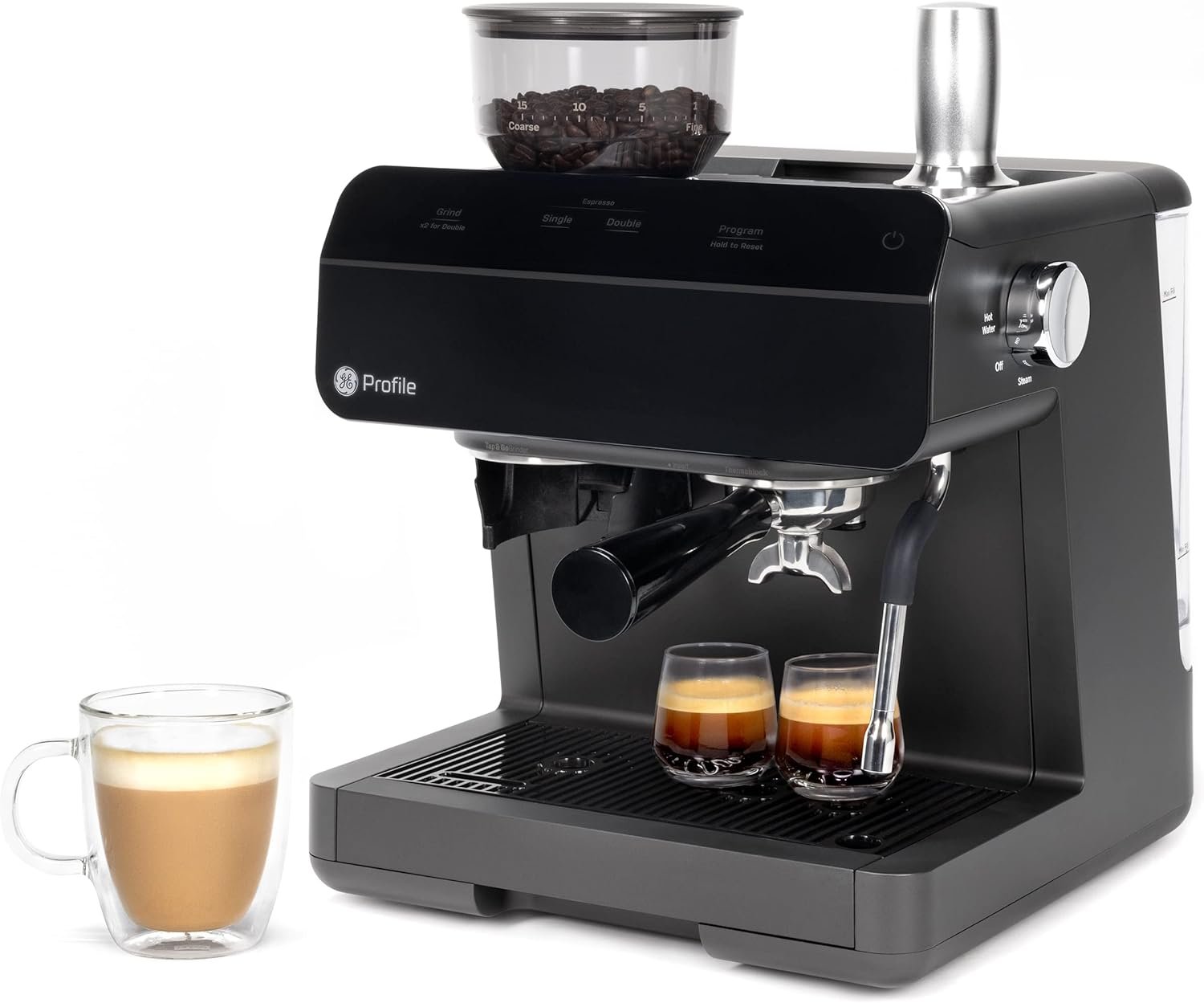GE Profile Semi Automatic Espresso Machine + Steam Frother | Italian-Made 15 Bar Pump for Balanced Extraction | 15 Adjustable Grind Size Levels | WiFi Connected for Drink Customization | Black