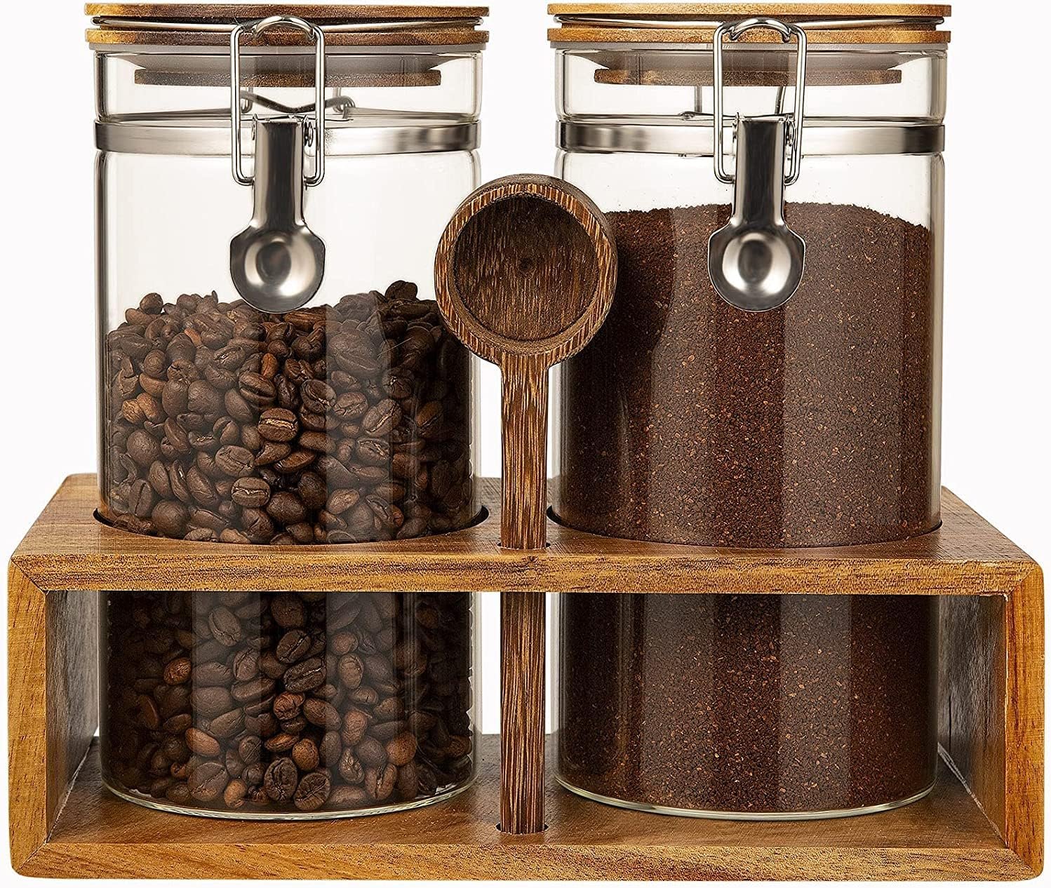 Yangbaga Glass Sugar Coffee Containers with Shelf, 2 x 45OZ Coffee Bean Canister Storage Station Organizer with Airtight Locking Clamp and Log Coffee Scoop, Large Capacity Food Storage Jar for Kitchen