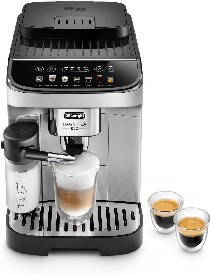 De'Longhi Magnifica Evo with LatteCrema System, Fully Automatic Machine Bean to Cup Espresso Cappuccino and Iced Coffee Maker, Colored Touch Display, Black, Silver
