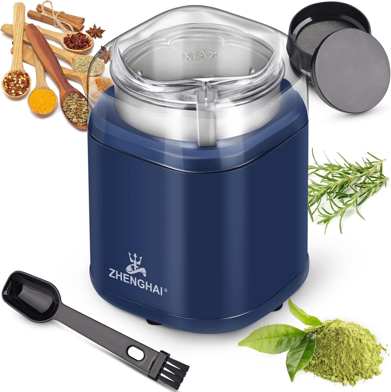 Electric Herb Grinder 200w Spice Grinder Compact Size, Easy On/Off, Fast Grinding for Flower Buds Dry Spices Herbs, with Pollen Catcher and Cleaning Brush 1.7oz Capacity (Blue)