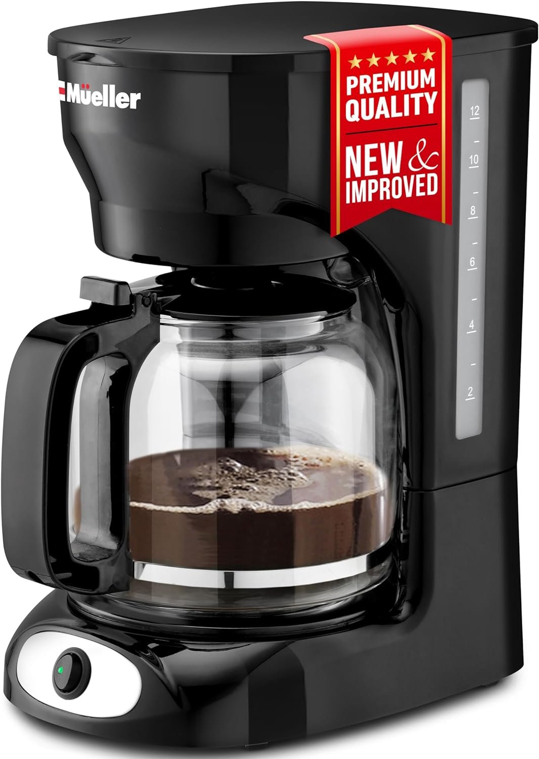 Mueller 12-Cup Drip Coffee Maker - Borosilicate Carafe, Auto-Off, Reusable Filter, Anti-Drip, Keep-Warm Function, Clear Water Level Window Coffee Machine, Ideal for Home or Office