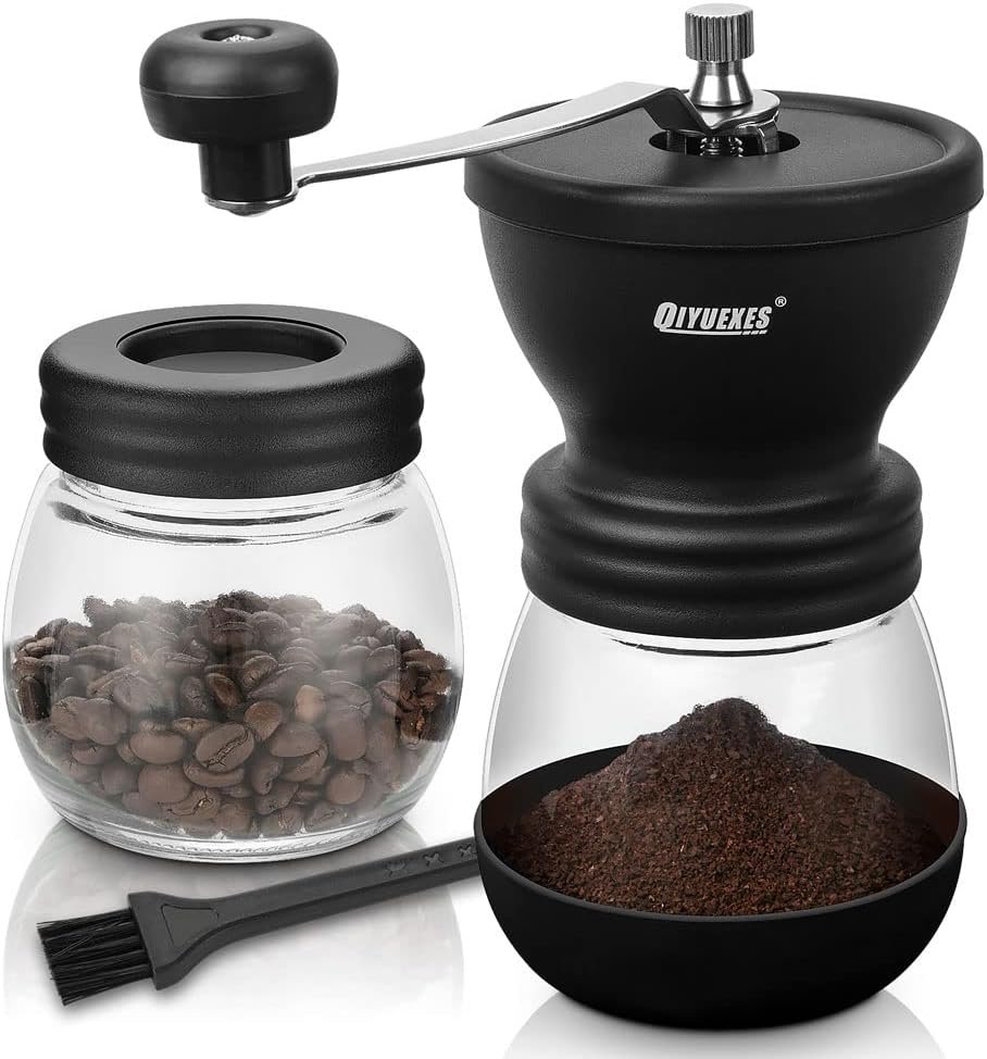 Manual Coffee Grinder with Burr, Coffee Bean Grinder for Espresso, French Press, Cold Brew, Includes 2 Glass Jars (11oz Each) and Brush, Hand coffee Grinder for Home, Camping, Travel