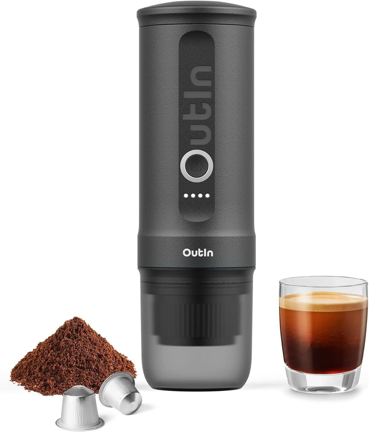 Outin Nano Portable Electric Espresso Machine,Travel Coffee Maker for Camping,Car Coffee Maker Self-Heating with USB-C, 12V, With Ground Coffee & NS Capsule for RV, Hiking, Office，