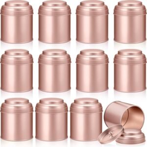 12 Pcs Tea Tin Canister with Airtight Double Lids 8 oz Round Tin Can Box Small Kitchen Tea Canister Loose Leaf Tea Storage Tea Containers for Loose Tea Bags Coffee Sugar Candy Spices (Rose Gold)