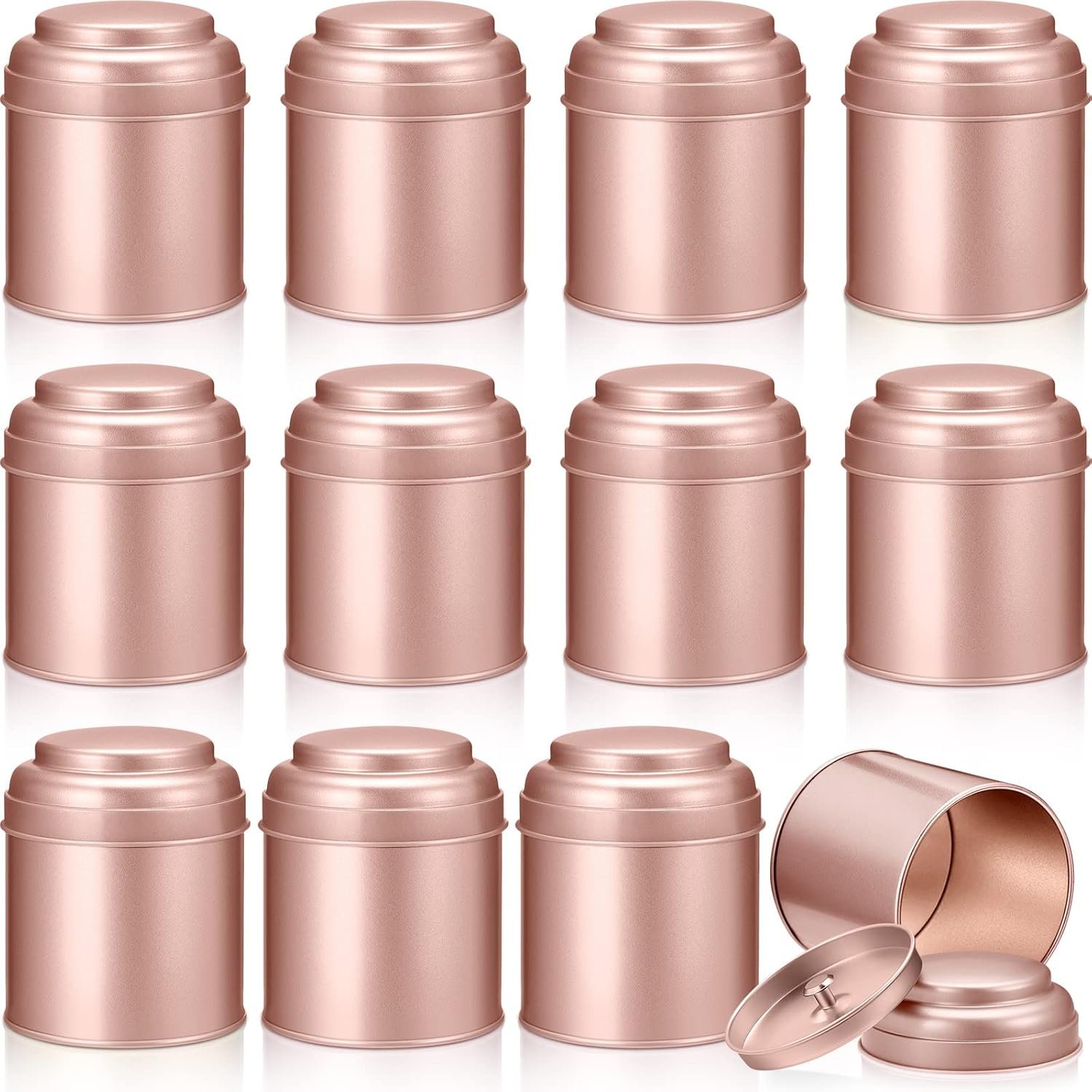 12 Pcs Tea Tin Canister with Airtight Double Lids 8 oz Round Tin Can Box Small Kitchen Tea Canister Loose Leaf Tea Storage Tea Containers for Loose Tea Bags Coffee Sugar Candy Spices (Rose Gold)