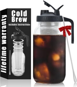 Cold Brew Mason Coffee Maker - 64oz Iced Coffee Pitcher with Stainless Steel Mixing Spoon & Super Dense Filter 3 Steps Finish Cold Brew Coffee, Classic BPA Free Sturdy Mason jar Pitcher Easy to Clean