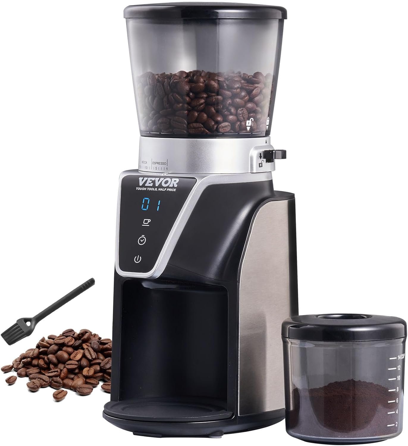 VEVOR Conical Burr Grinder, Electric Adjustable Burr Mill with 51 Precise Grind Setting, 9.7-Ounce 13 Cups Coffee Bean Grinder, Perfect for Drip, Mocha, Hand Brew, French Press, Espresso, Silver