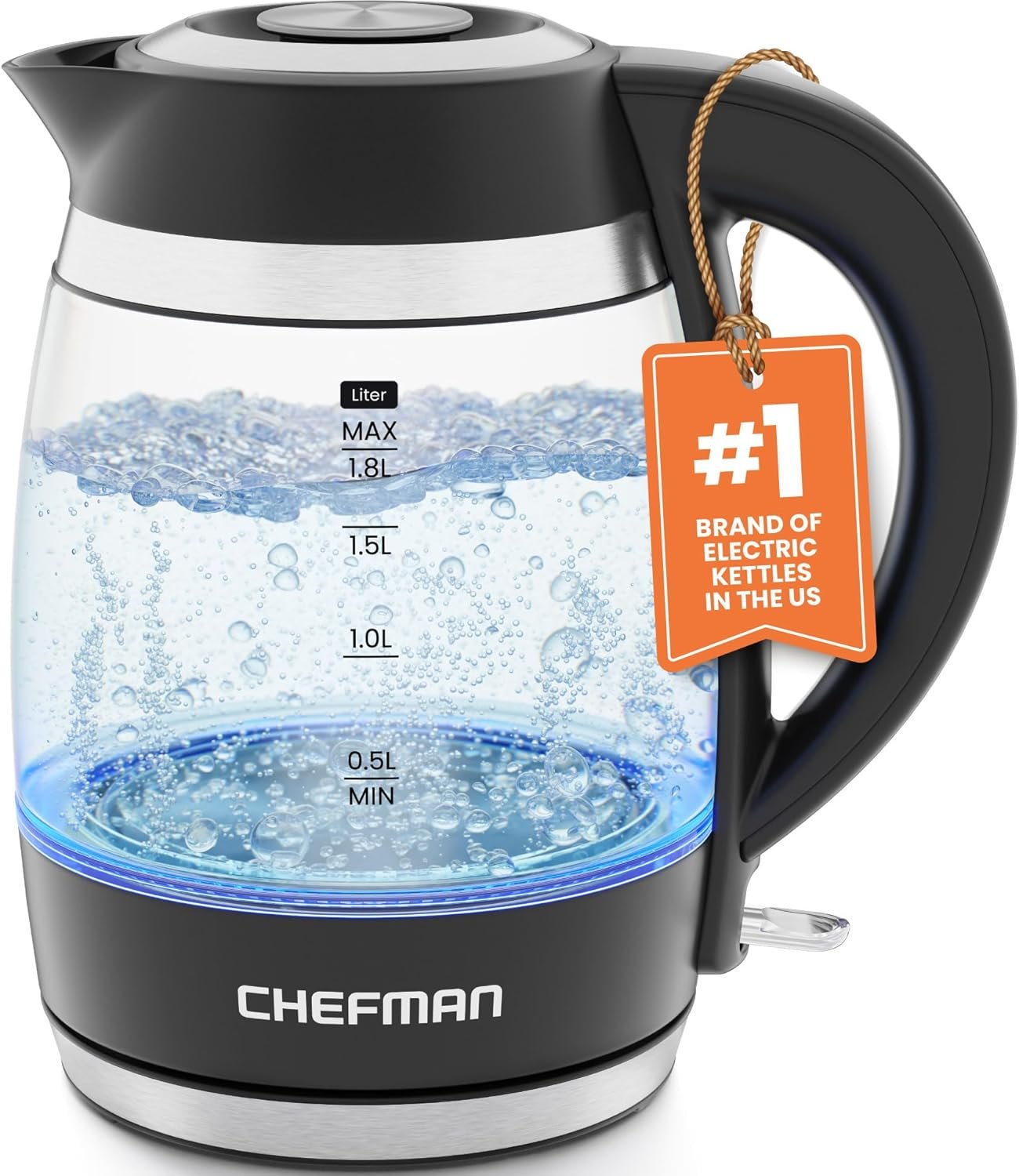 Chefman Electric Kettle, 1.8L 1500W, Hot Water Boiler, Removable Lid for Easy Cleaning, Auto Shut Off, Boil-Dry Protection, Stainless Steel Filter, BPA Free, Borosilicate Glass Electric Tea Kettle