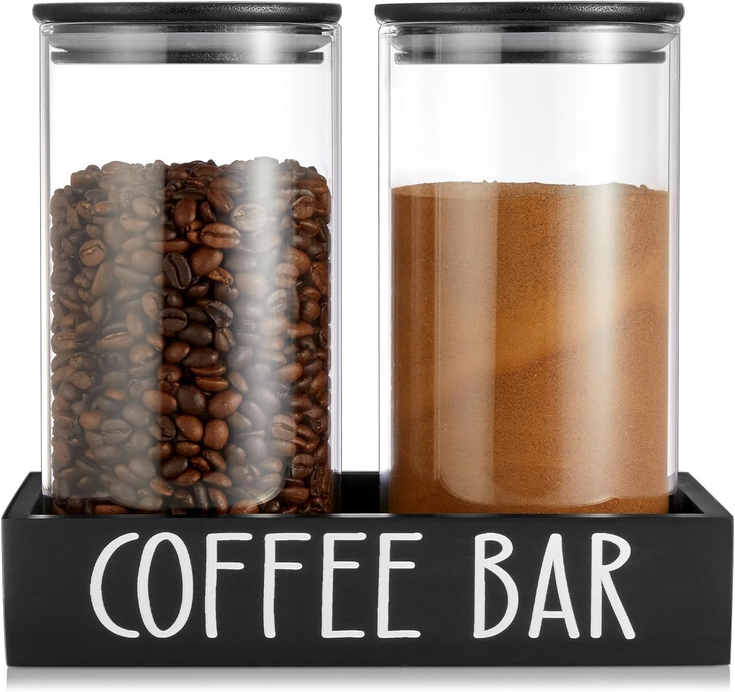 Glass Coffee Canister for Ground Coffee - 2Pcs 45oz Coffee and Sugar Container Set with Airtight Bamboo Lids and Black Tray - Farmhouse Coffee Bean Storage Jars for Coffee Bar Accessories