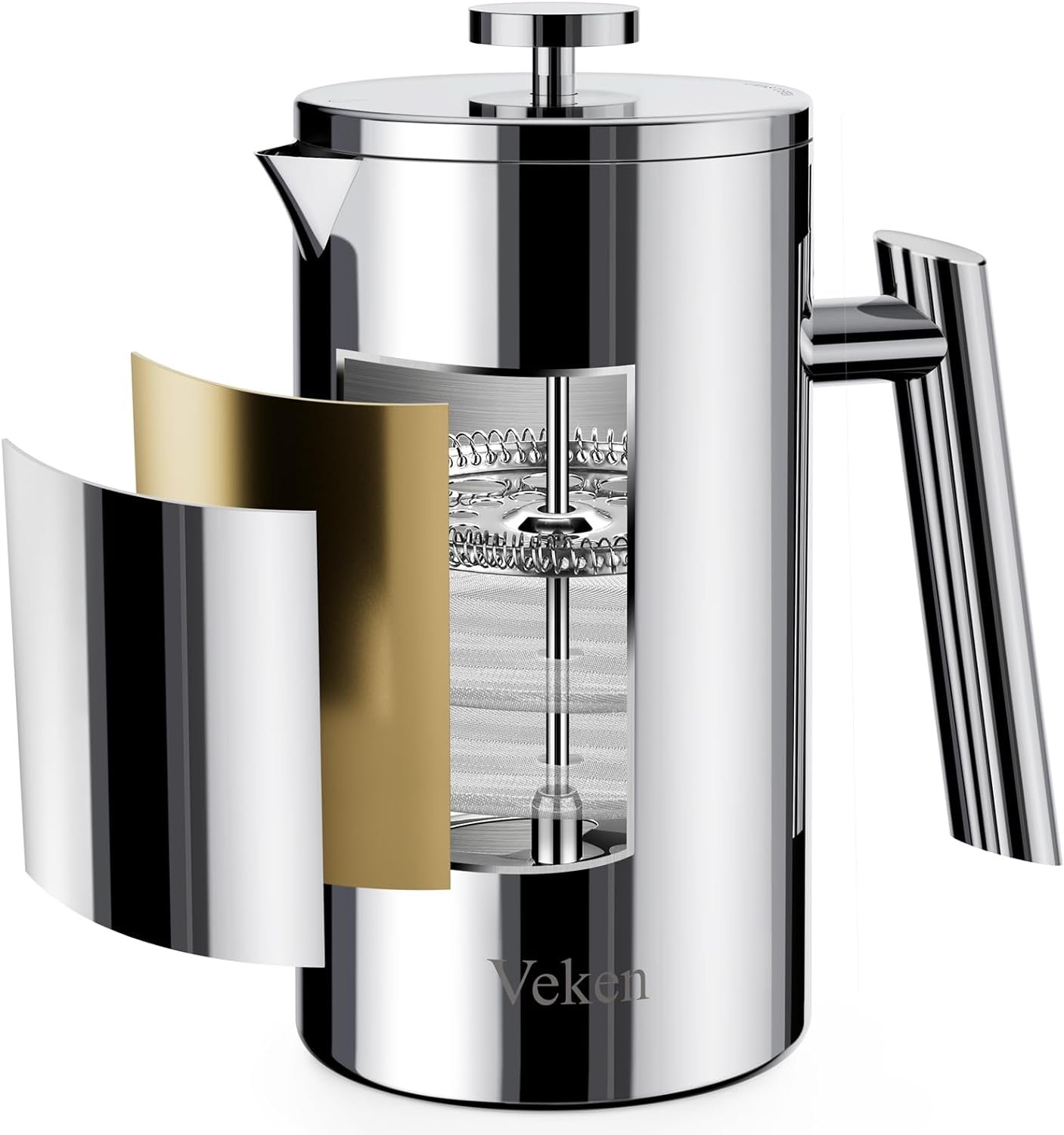 Veken French Press Plunger Coffee Tea Maker 34 Ounce 1 Liter, Double Wall Vacuum Insulated Stainless Steel Coffee Press with 4 Filter Screens for Camping Travel Gifts, Dishwasher Safe, Silver