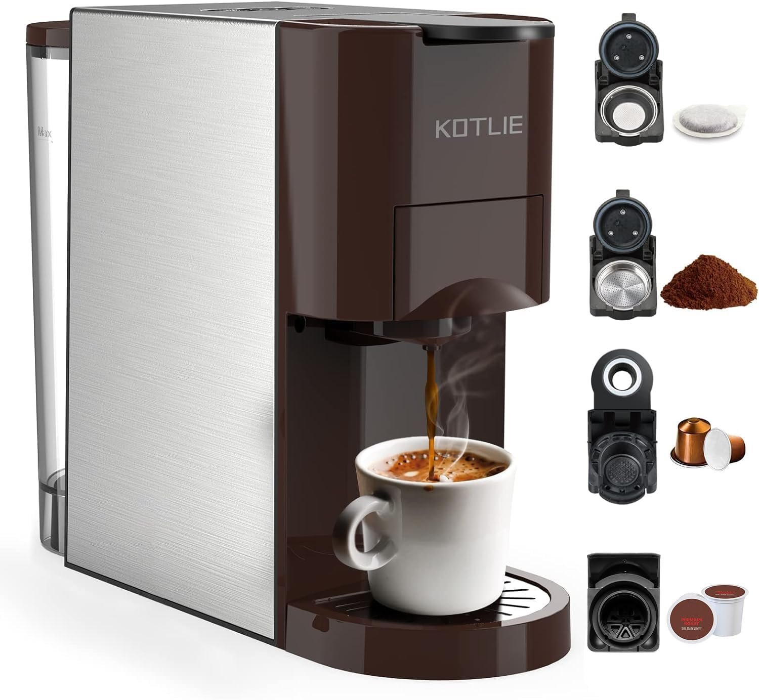 KOTLIE Espresso 4in1 Coffee Machine for Nespresso Original/K-Cup/L’OR/Starbucks/Ground Capsule and 44mm ESE Coffee Pods, 19 Bar 1450W Automatic Brown Coffee Maker (AC-513K)