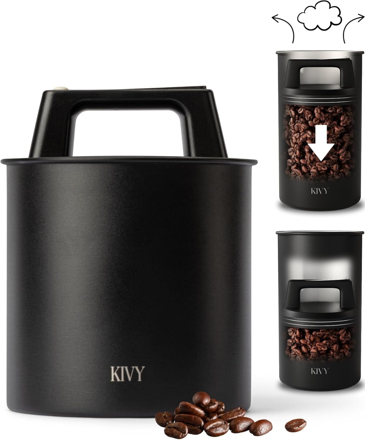 KIVY Vacuum Coffee Canister - Push Out Excess Air Preserve Coffee Freshness - Airtight coffee canister - Coffee container for ground coffee & coffee bean storage - 32oz Stainless Steel Canister Black