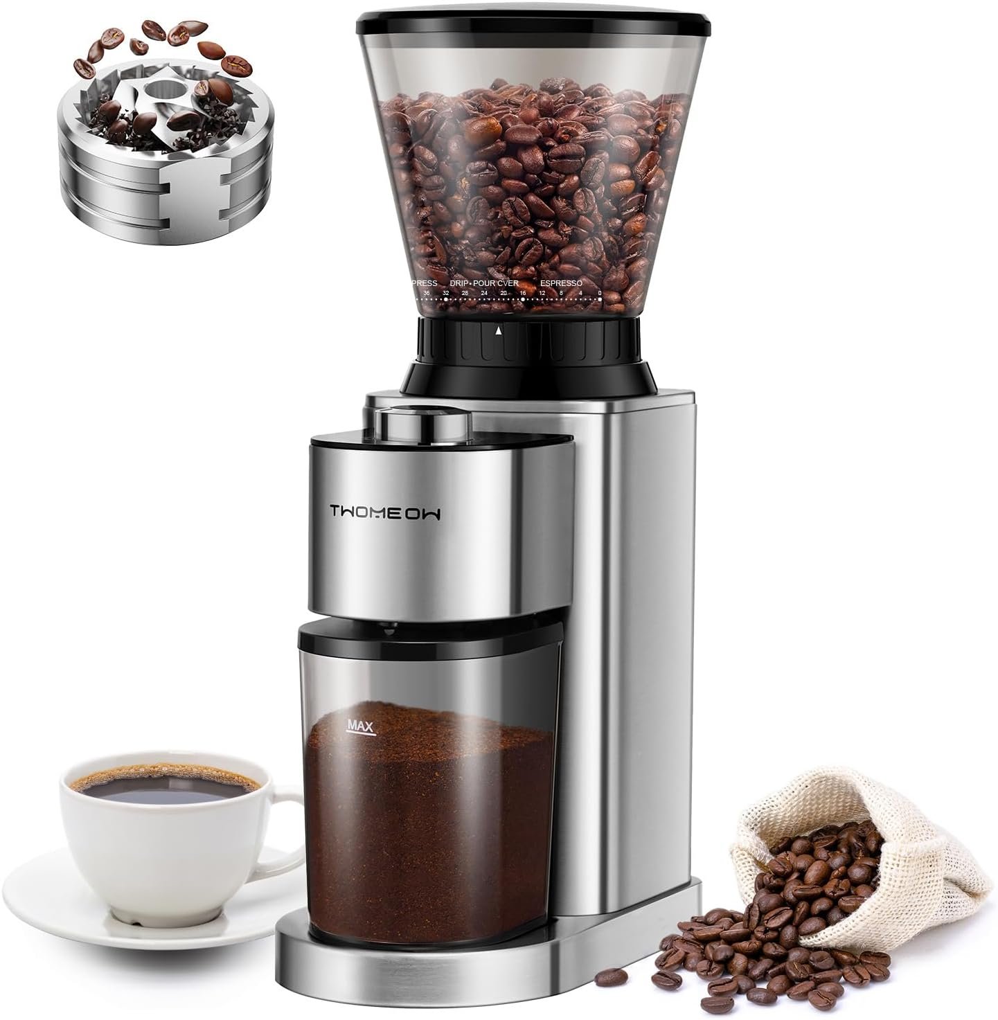 Conical Burr Coffee Grinder Electric, Anti-static Coffee Bean Grinder with 48 Grind Settings for home use Espresso/Drip/Pour Over/Cold Brew/French Press Coffee Maker,Stainless Steel
