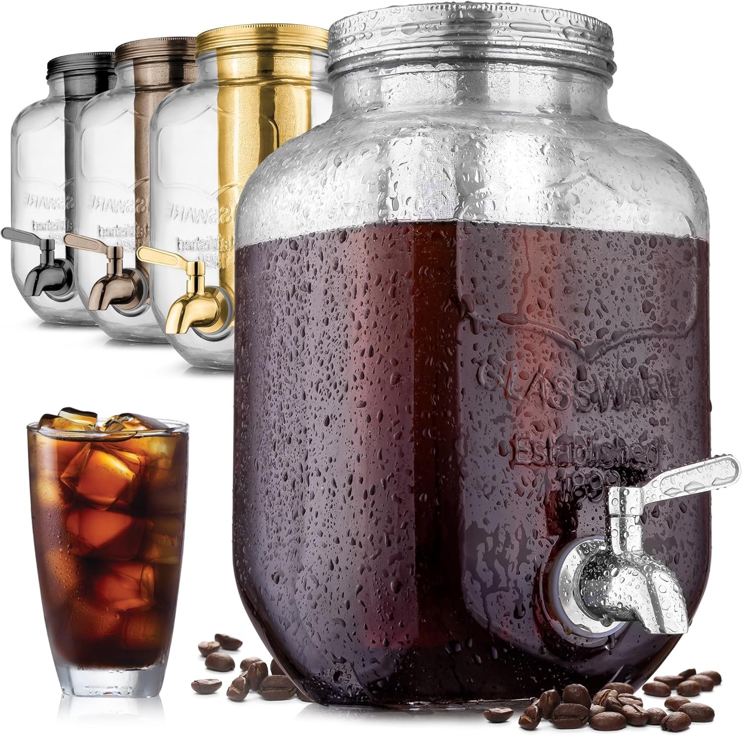 Zulay Kitchen 1 Gallon Cold Brew Coffee Maker - Large Iced Tea & Cold Brew Pitcher with Extra-Thick Glass & Stainless Steel Infuser - Cold Brew Coffee Maker with Airtight Lid & Spout (Silver)