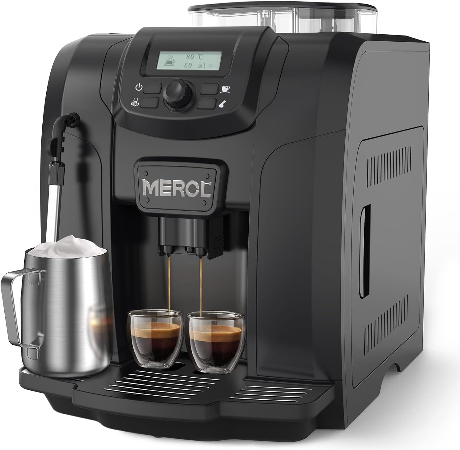 MEROL Automatic Espresso Coffee Machine, 19 Bar Barista Pump Coffee Maker with Grinder and Manual Milk Frother Steam Wand for Cappuccino Latte Macchiato, Black