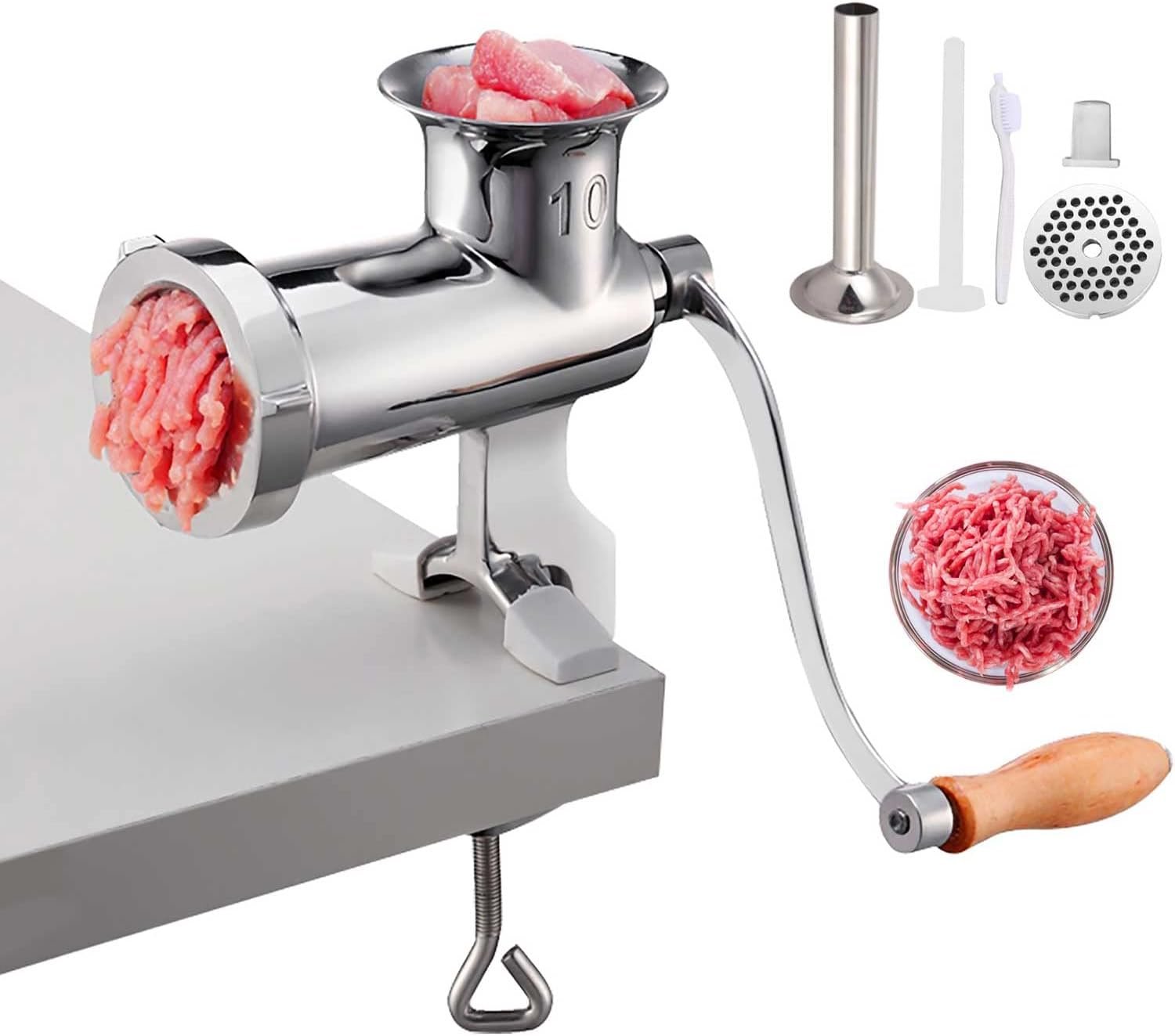 VEVOR Manual Meat Grinder, All Parts Stainless Steel, Hand Operated Meat Grinding Machine with Tabletop Clamp, 2 Grinding Plates & Sausage Stuffer, Ideal for Home Kitchen Restaurant Butcher’s Shop
