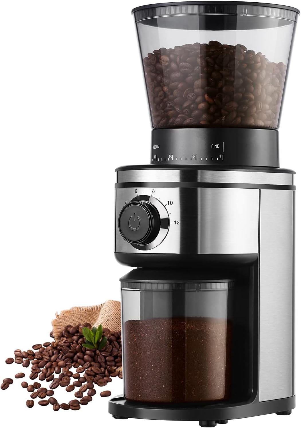 Coffee Bean Burr Grinder Electric, Burr Mill Conical Coffee Grinder With 30 Adjustable Grind Settings For 2-12 Cups, Sliver & Black