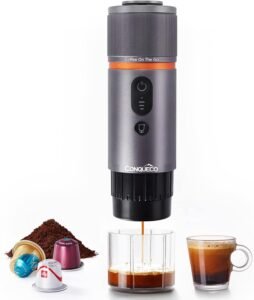 CONQUECO Portable Espresso Machine Travel: 12v Car Coffee Maker for Camping - Small Electric - 2.5 Mins Heating - 8 Cups Espresso for One Charge