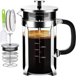 French Press Coffee Maker 304 Stainless Steel Coffee Press,with 4 Filters System, Heat Resistant Thickness Borosilicate French Press Glass, BPA-Free Brewed Tea Pot Coffee Plunger