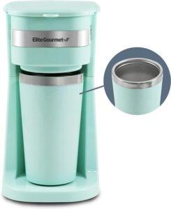 Elite Gourmet EHC117M Personal Single-Serve Compact Coffee Maker Brewer Includes 14Oz. Thermal Travel Mug with Stainless Steel Interior, Compatible with Coffee Grounds, Reusable Filter, Mint