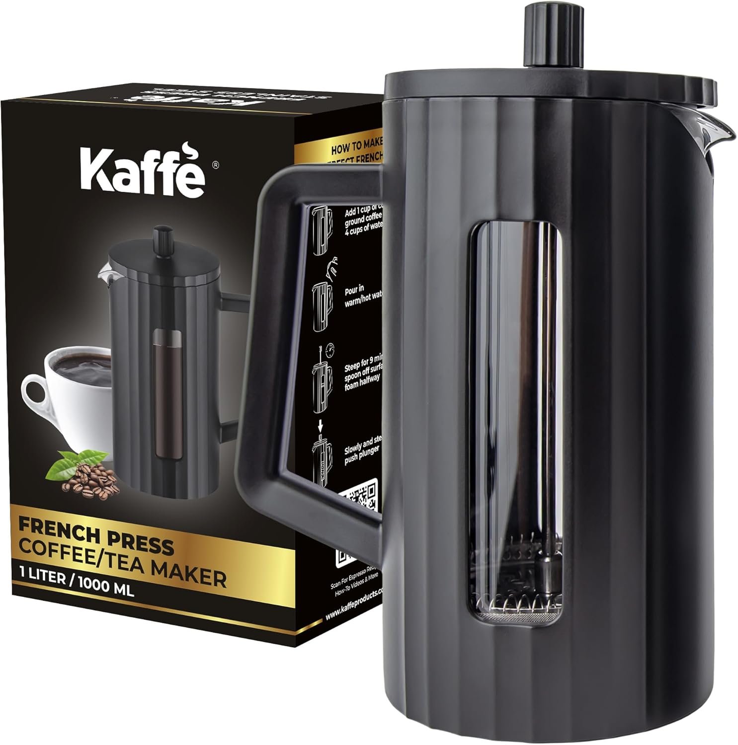 Kaffe French Press Coffee Maker (34oz / 1L) - Borosilicate Glass and BPA-Free Plastic Coffee Press - Matte Black - Lightweight Travel & Camping Coffee Maker - 3 Level Filter