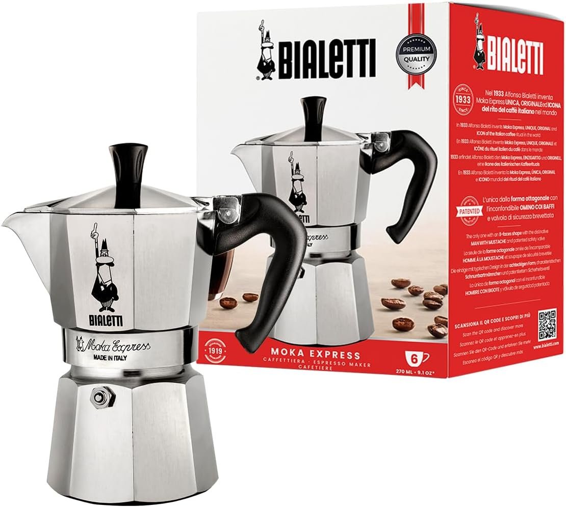 Bialetti Moka Express Iconic Italian Stovetop Espresso Maker (Natural Silver, 6 Cups)