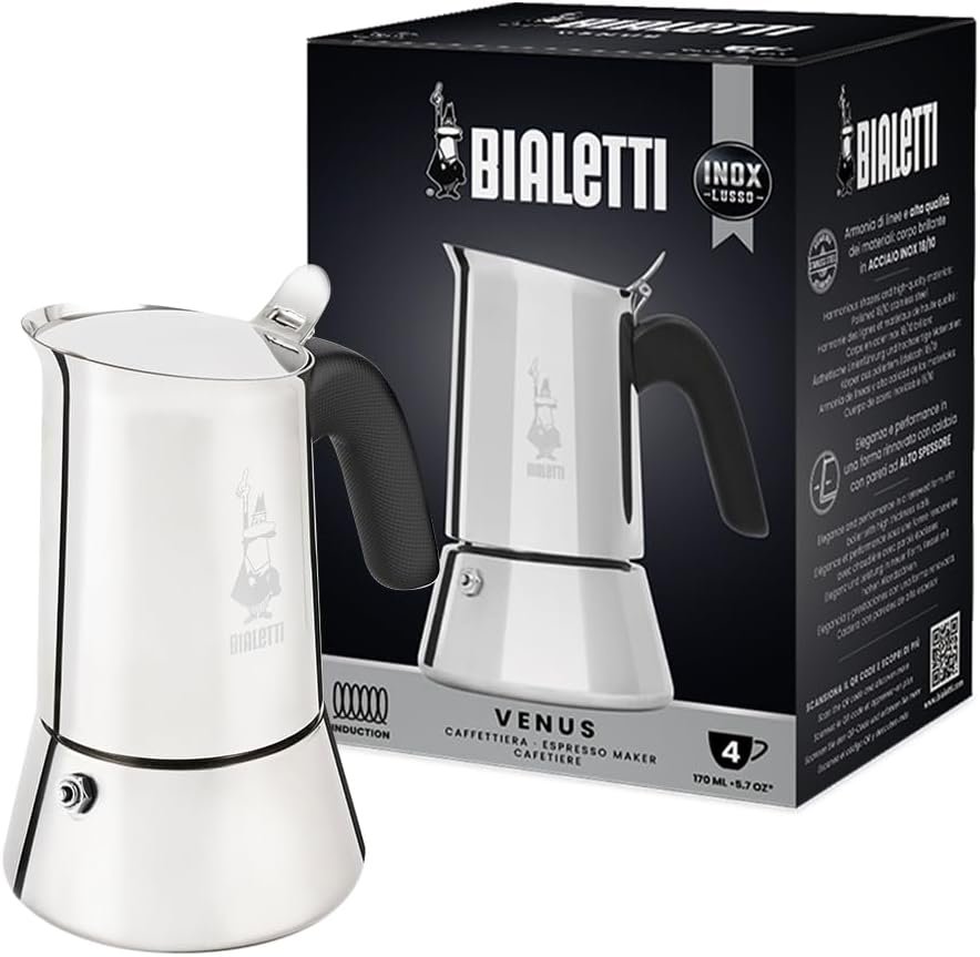 Bialetti - New Venus Induction, Stovetop Coffee Maker, Suitable for all Types of Hobs, Stainless Steel, 4 Cups (5.7 Oz), Silver