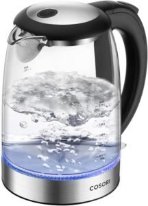 Cosori Electric Kettle, No Plastic Filter & Spout, 1.8Qt Tea Kettle & Hot Water Boiler For Coffee & Tea, Water Heater & Teapot, Automatic Shut Off, Borosilicate glass, Black, 1500W