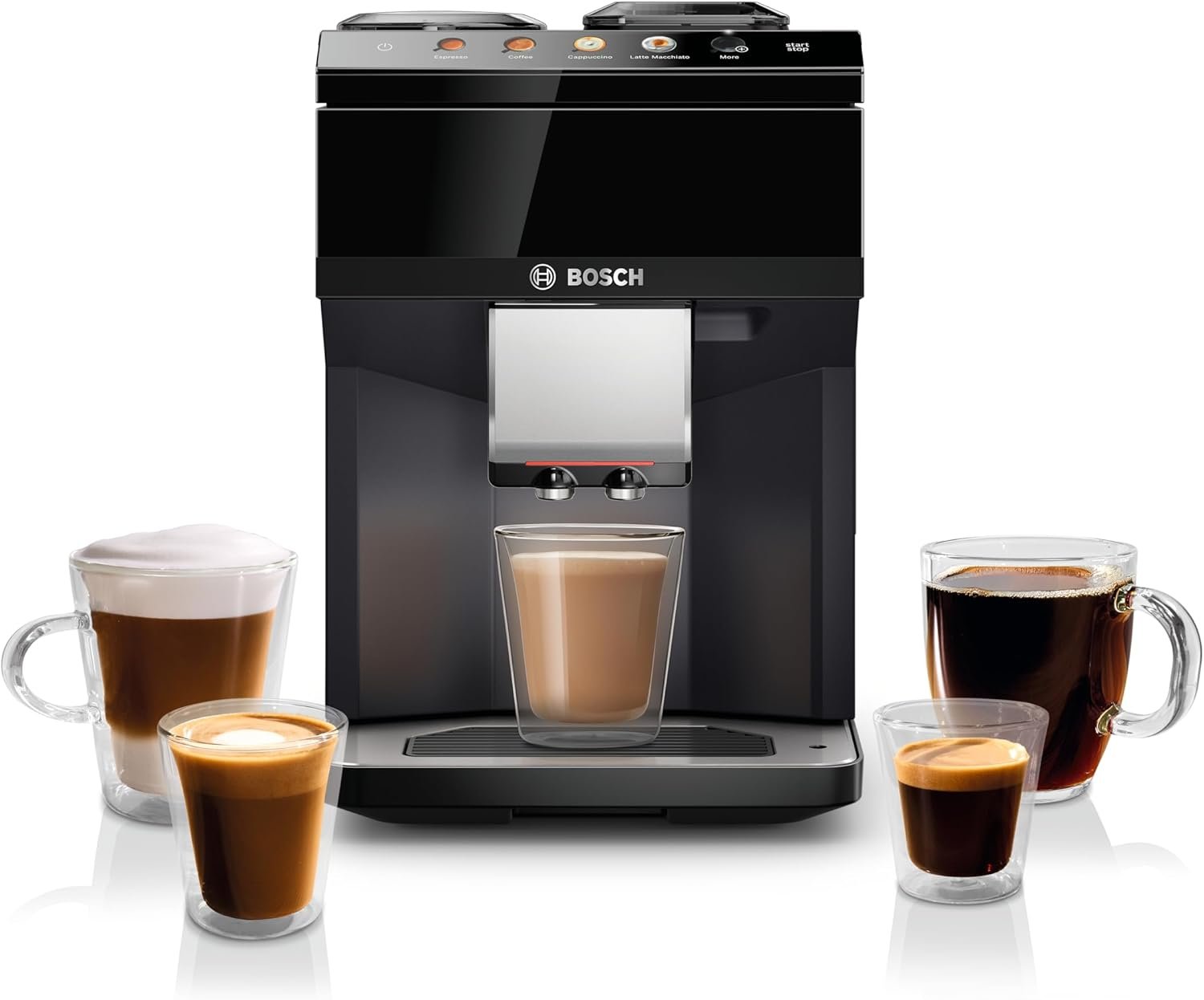 Bosch 500 Series Fully Automatic Espresso and Coffee Machine – Touch Control Panel, Milk Hose, Ceramic Grinder, Uses Beans & Ground Coffee, 9 One-Touch Drinks, in Black TPU40109
