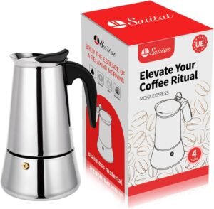 Moka Pot, 4 Cups (7.1 oz) Stovetop Espresso Maker, 304 Stainless Steel Moka Pot, Induction Compatible, Silver