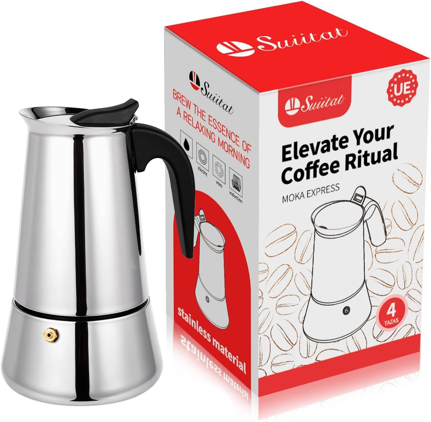 Moka Pot, 4 Cups (7.1 oz) Stovetop Espresso Maker, 304 Stainless Steel Moka Pot, Induction Compatible, Silver