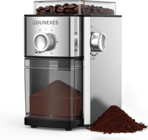 Electric Burr Coffee Grinder, Coffee Beans Grinder with 17 Grind Settings, 8.82oz Hopper, Compact for Espresso, Drip, French Press, and Travel Brewing
