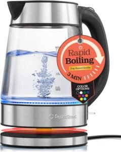 Speed-Boil Electric Kettle For Coffee & Tea - 1.7L Water Boiler 1500W, Borosilicate Glass, Easy Clean Wide Opening, Auto Shut-Off, Cool Touch Handle, LED Light. 360° Rotation, Boil Dry Protection