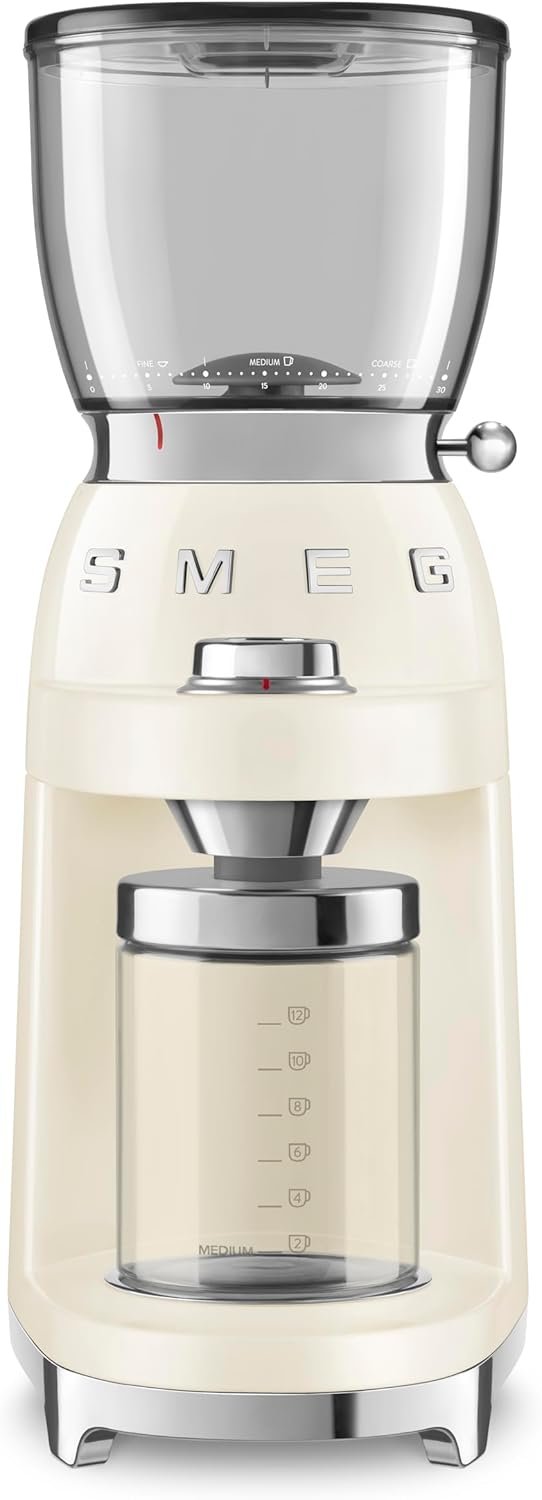 SMEG CGF11 Retro-Style Coffee Grinder – Burr Mill with 30 Grind Settings, Stainless Steel Conical Burrs, Removable Hopper – Precision Countertop Grinder for Espresso, Drip, French Press-Cream