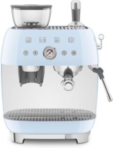 Smeg EGF03 Semi-Automatic Espresso Machine with Built-In Grinder, Dual Thermoblock, 50’s Retro Style – Pastel Blue (120 V)
