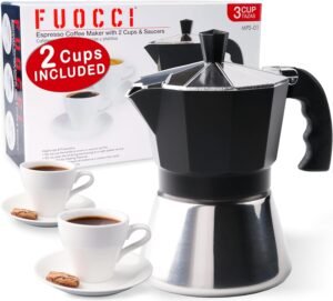 FUOCCI 3-Cup Stovetop Moka Pot Set Includes 2 Ceramic Espresso Cups & Saucers, Stainless Steel/Aluminum Espresso Maker for Gas, Electric & Induction 6 oz (180 ml)