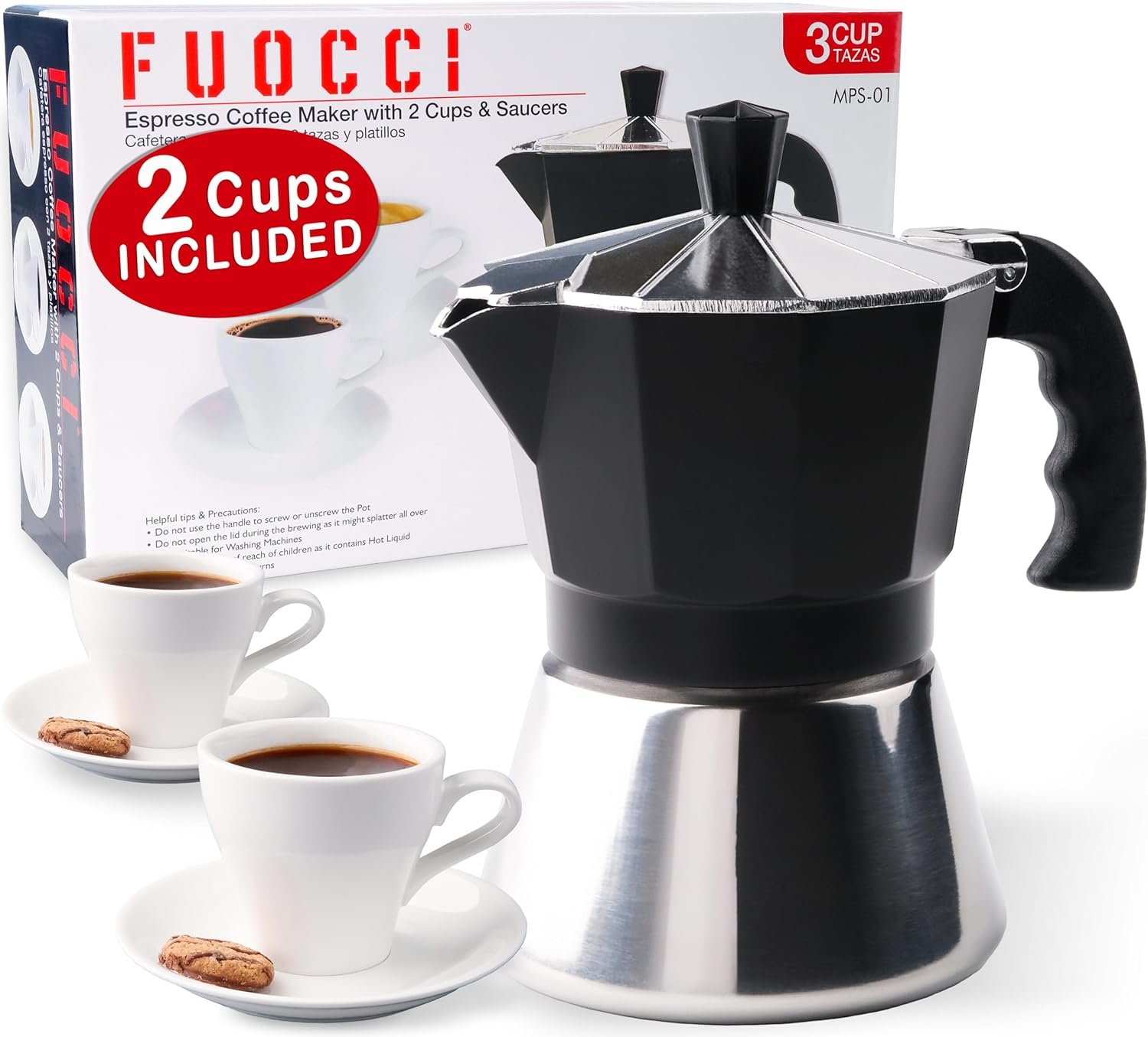 FUOCCI 3-Cup Stovetop Moka Pot Set Includes 2 Ceramic Espresso Cups & Saucers, Stainless Steel/Aluminum Espresso Maker for Gas, Electric & Induction 6 oz (180 ml)