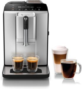 Bosch 300 Series Fully Automatic Espresso and Coffee Machine – One Touch Milk Drinks, Built-In Ceramic Grinder, In-Cup Frother, Easy Clean and Descale, Silver TIU20307