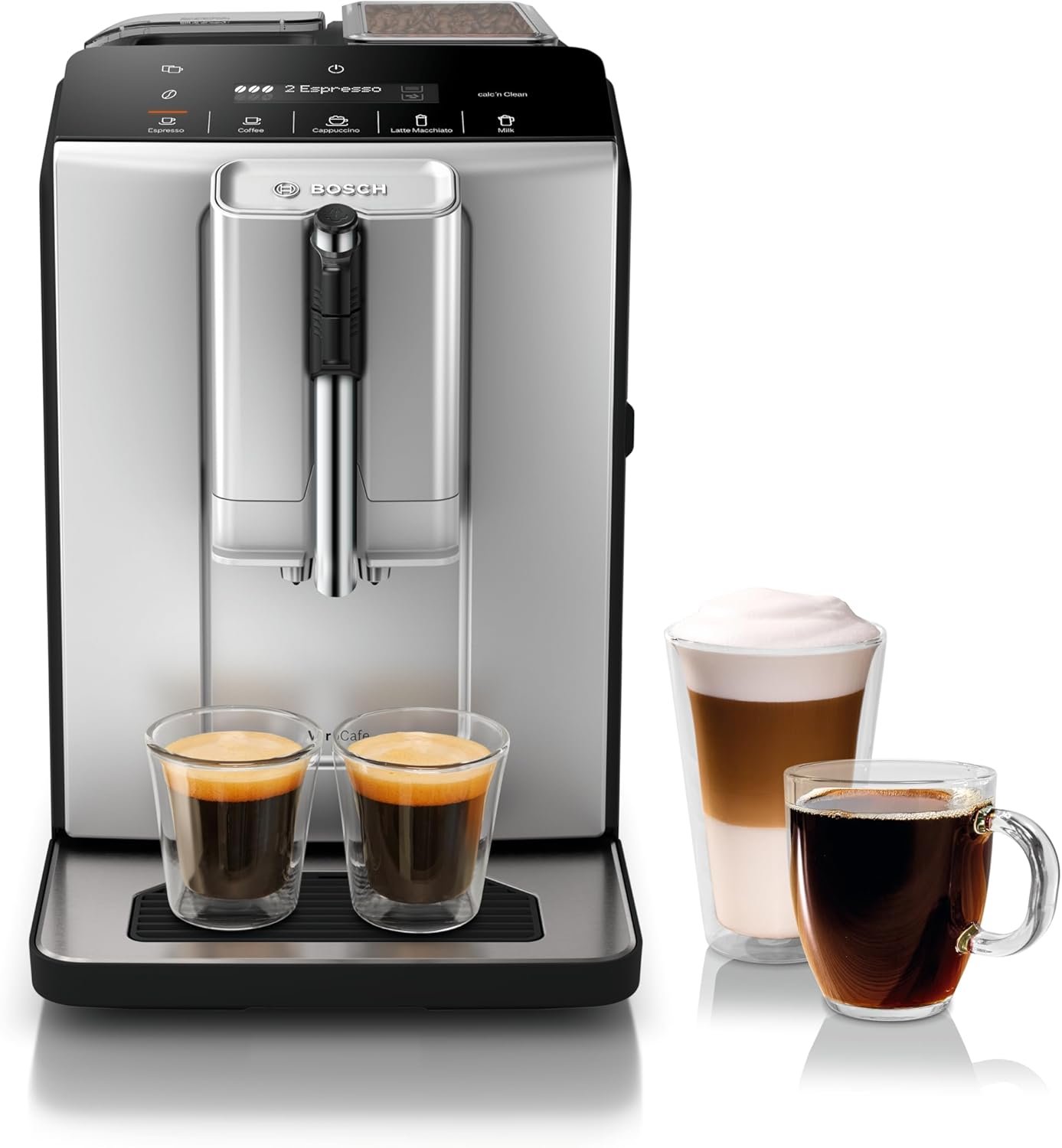 Bosch 300 Series Fully Automatic Espresso and Coffee Machine – One Touch Milk Drinks, Built-In Ceramic Grinder, In-Cup Frother, Easy Clean and Descale, Silver TIU20307