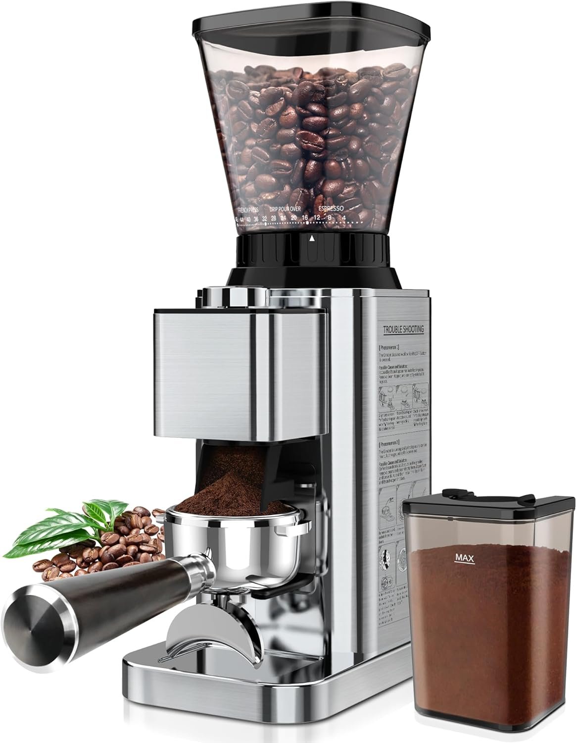Conical Burr Coffee Grinder Electric, Espresso Coffee Bean Grinder for Home Use Adjustable 48 Grind Settings, 35s Precision Timer, Stainless Steel, Anti-Static for Pour Over/Drip/French Press