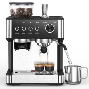 Espresso Machine with Grinder, 20 Bar Expresso Coffee Machines with Milk Frother Steam Wand, Professional Espresso Maker with Removable Water Tank, Cappuccino & Latte Machine for Home