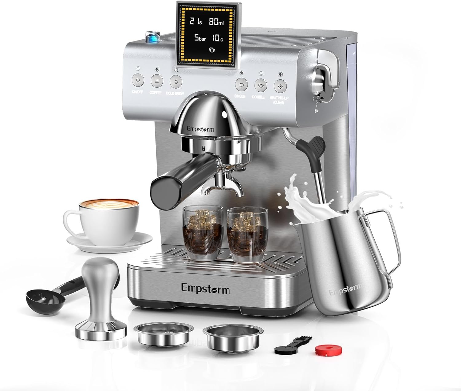 Empstorm Espresso Machine 20 Bar with Steam Milk Frother, Stainless Steel Espresso maker with LED Display | Cold Brew & Hot Coffee Maker, Professional Cappuccino Expresso Machine for Home and Office