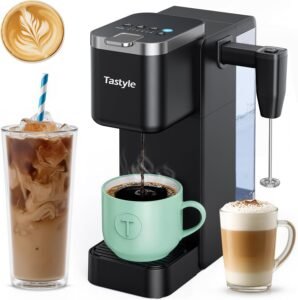 Tastyle Single Serve Coffee Maker with Built-in Detachable Milk Frother, Iced and Hot Coffee Machine for K Cup & Grounds, 40oz Removable Water Reservoir, 6 Cup Sizes, Fits 7.3" Travel Mug, Black