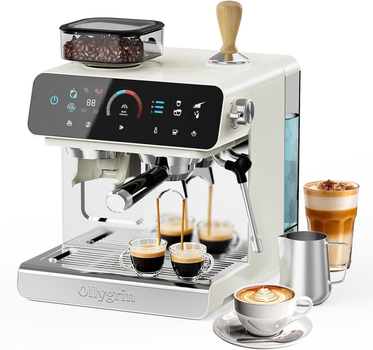 Ollygrin 20 Bar Espresso Machine with Grinder, Espresso Maker with 19 Grinding Settings, Coffee Machine with Pressure Gauge, 94.7Oz Removable Water Tank for Latte & Cappuccino